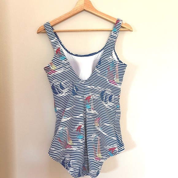Lands End Womens Blue White Striped Sailboat One Piece Swimsuit 14 511556 - Picture 2 of 6